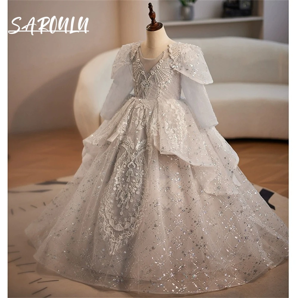 Роскошное кружевное платье принцессы с цветочным узором для девочек на свадьбу