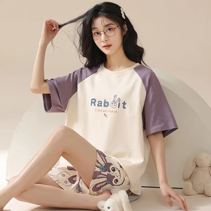 Cotton Pajamas Forwomen's Summer Thin Short-sleeved Shorts Sweet Cartoon Home Service Suit Breathable and Comfortable Loungewear