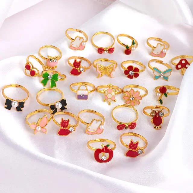 Cute Adjustable Rings for Children Girls Pretend Play Makeup Toys Cartoon Crystal Jewelry Alloy Animal Enamel Ring Gift for Girl 3