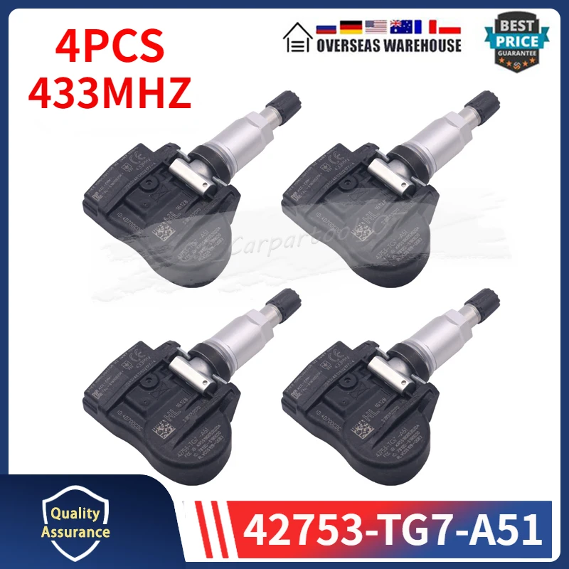 Датчик давления в шинах 42753-TG7-A51, 433 МГц, TPMS для 2015-2017 Honda, экстренный датчик давления в шинах, 4 шт., 42753TG7A51