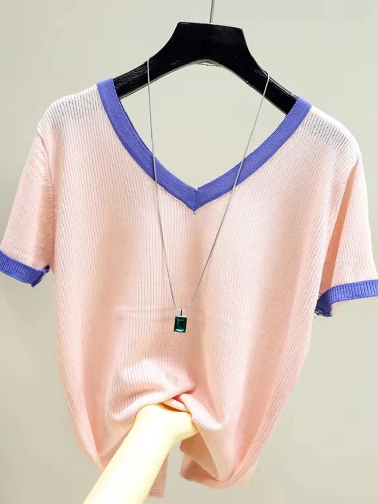 

V Neck T Shirts For Women Black Striped T Shirt 2022 Summer Knitted Ladies Tops Korean Fashion Clothing Short Sleeve Tees Female