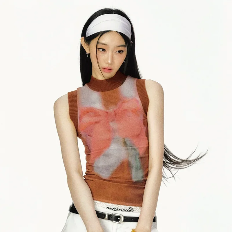 Американский сладкий и пряный ветровой бант с принтом без рукавов короткий топ