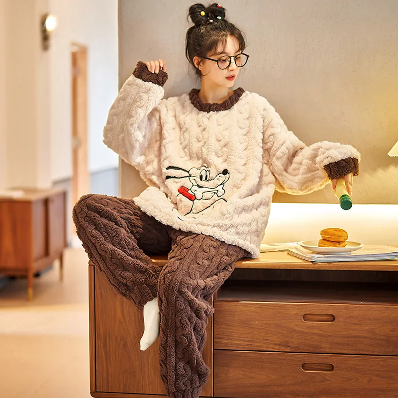Women Sleepwear Coral Fleece Winter Pajamas Loose Version Inspissate Flannel Pullover Plus Size Cartoon Plush Pajama Set