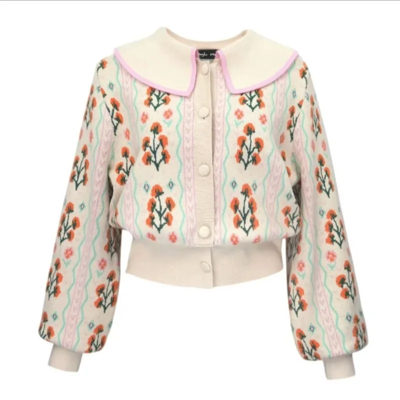 Осень и зима новый кукольный воротник милый вязаный свитер кардиган цветок