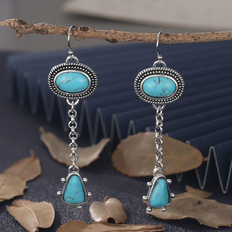 

Ethnic Oval Water Droplets Drop Dangle Earrings Tribal Jewelry Bohemian Minimalist Extra Long Blue Stone Earring