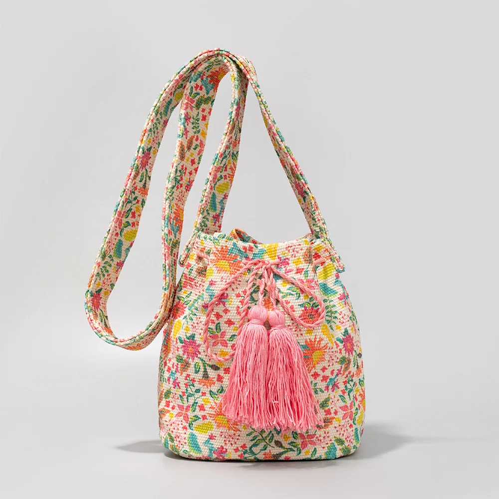 Bohemian Canvas Bucket Bag Designer Bags for Women Tassel Shoulder Bag Ethnic Style Crossbody Bags for Women 2023 Purses Tote