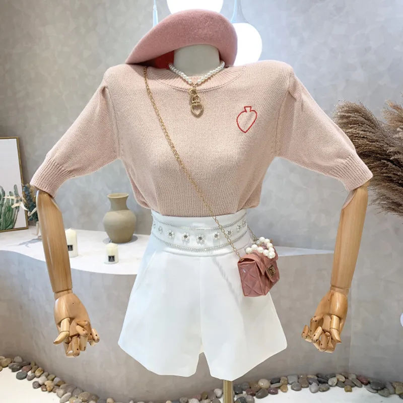 

Niche Design New Women's Clothing 2022 Spring Round Neck Short Sleeve Pullover Sweater Bottomed Knit Shirt Tops Blusa Feminina