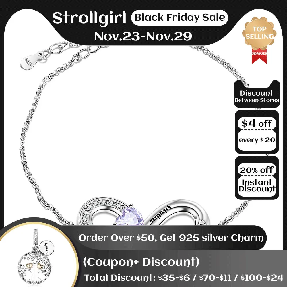 

Strollgirl 925 Sterling Jewelry Custom Birthstone Bangle Infinity Symbol Engraved Name Endless Love Bracelet for Women Valentine