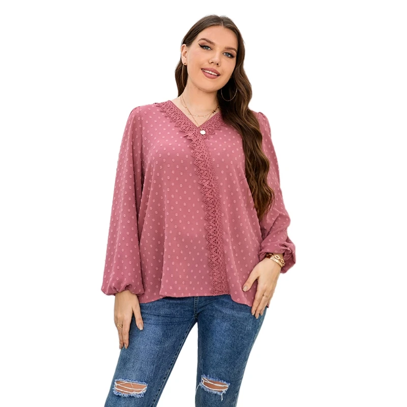 

Women Lantern Long Sleeve V-Neck Loose Shirts Swiss Dots Solid Chiffon Blouse