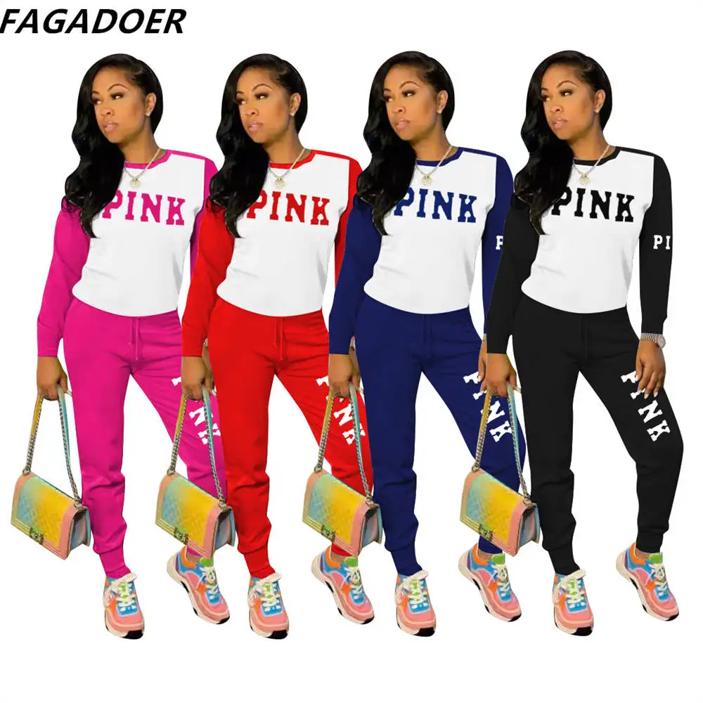 

FAGADOER Casual Patchwork Color Tracksuits Women PINK Letter Print Tshirt + Jogger Pants Two Piece Sets Female Sport Outfit Fall