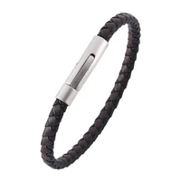 black brown braided leather bracelet stainless steel snaps bangles unisex jewelry male wrist band pulseira masculina