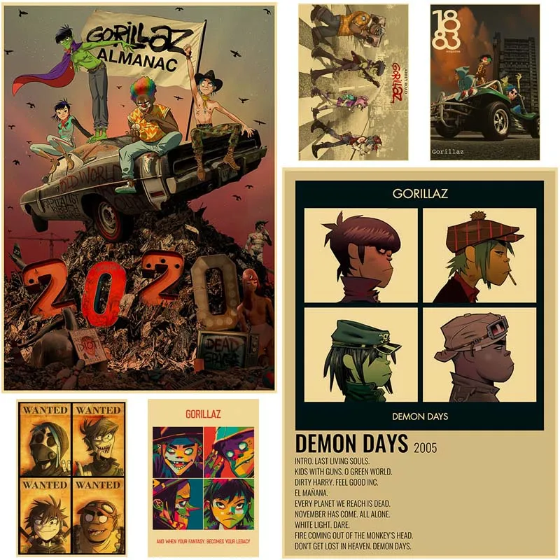 

Gorillaz Hip Hop Kraft Paper Posters Art Paintings Modern Home Decor Living Room Decoration Painting Bar Club Wall Art Mural