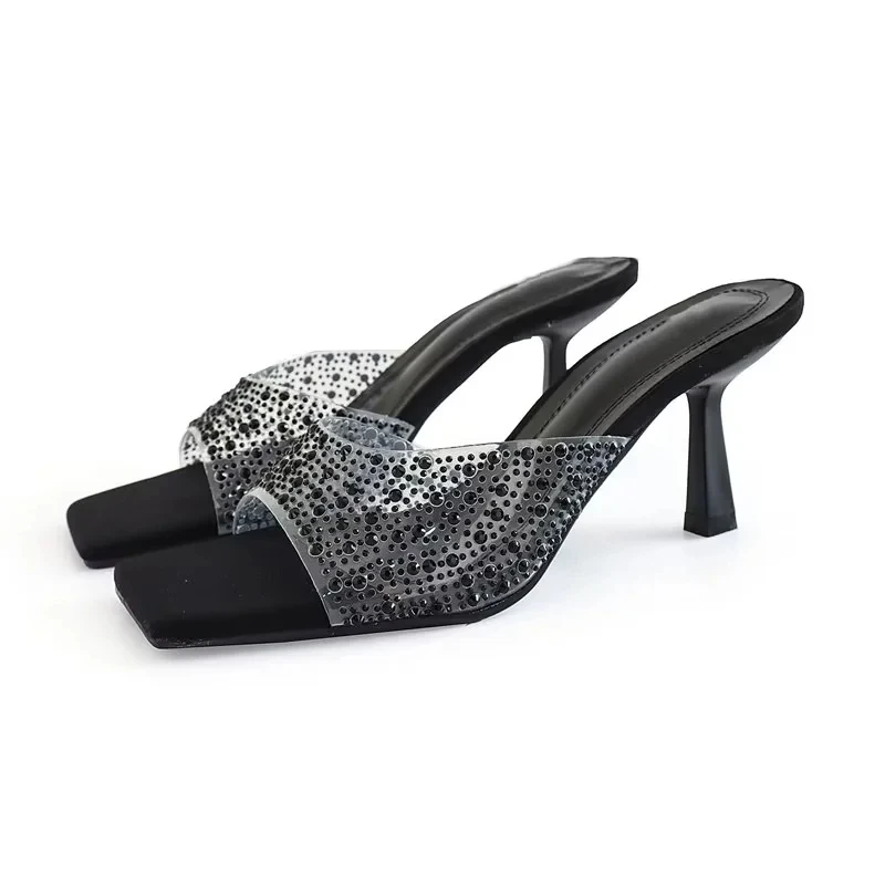 

2023 TRAF Black Heeled Slipper Sandals Women Transparent High Heels For Woman Slingback Stiletto Heels Shoes Luxury Sandals
