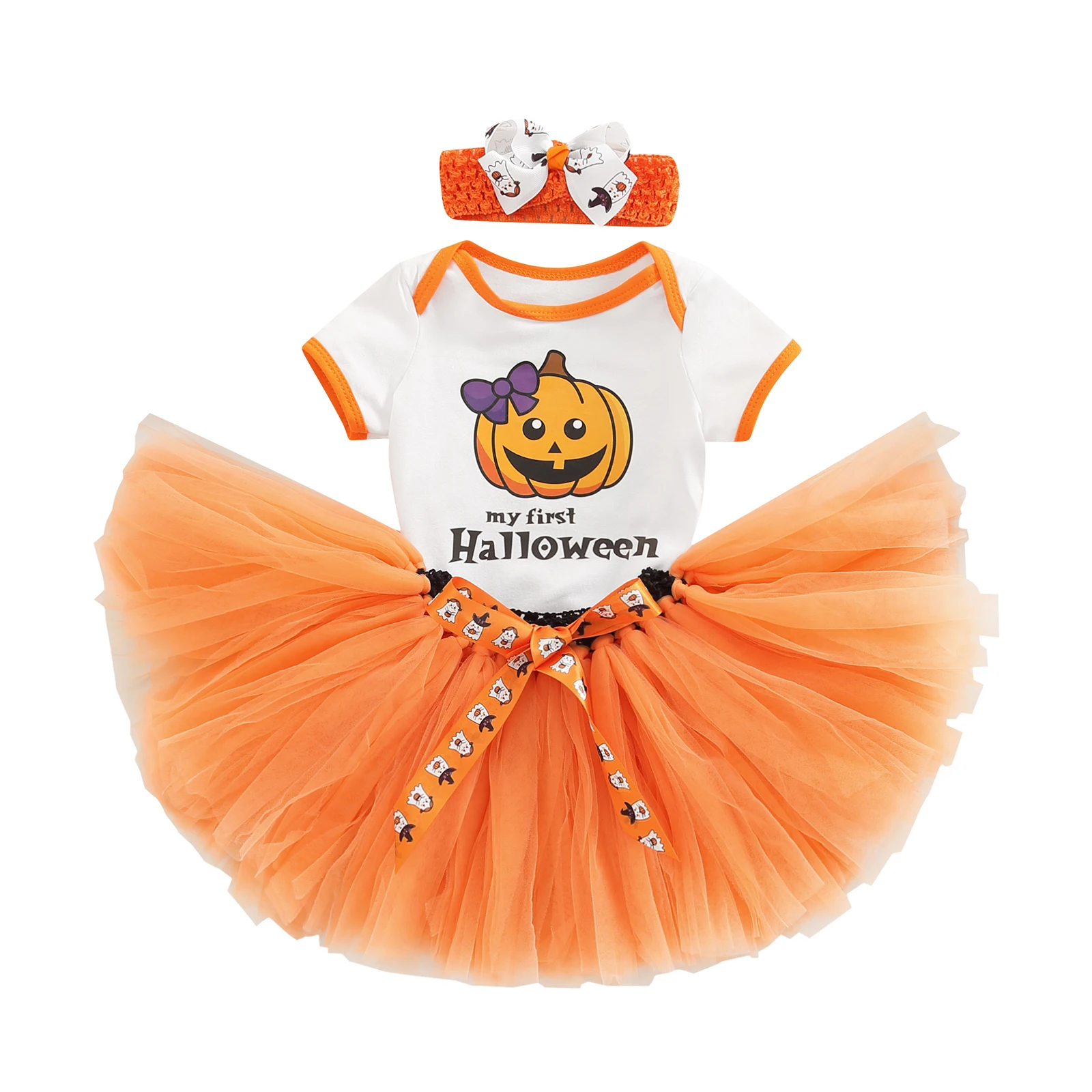 

Halloween Baby Girls Outfit Set Cartoon Pumpkin Letter Print Romper Bow Mesh Tulle Skirt Cute Headband