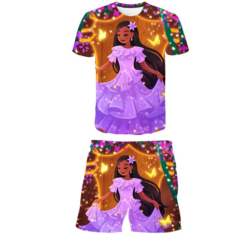 

Комплект из 2 предметов, модная летняя одежда с принтом эньканто и миракель, модные повседневные топы с коротким рукавом + короткие брюки, на...