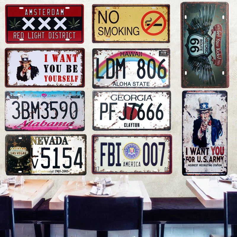 

American Car Number License Metal Plates Shabby Rusted Metal Tin Sign Bar Pub Garage Motor Club Wall Plaques Decor Pin Up Signs