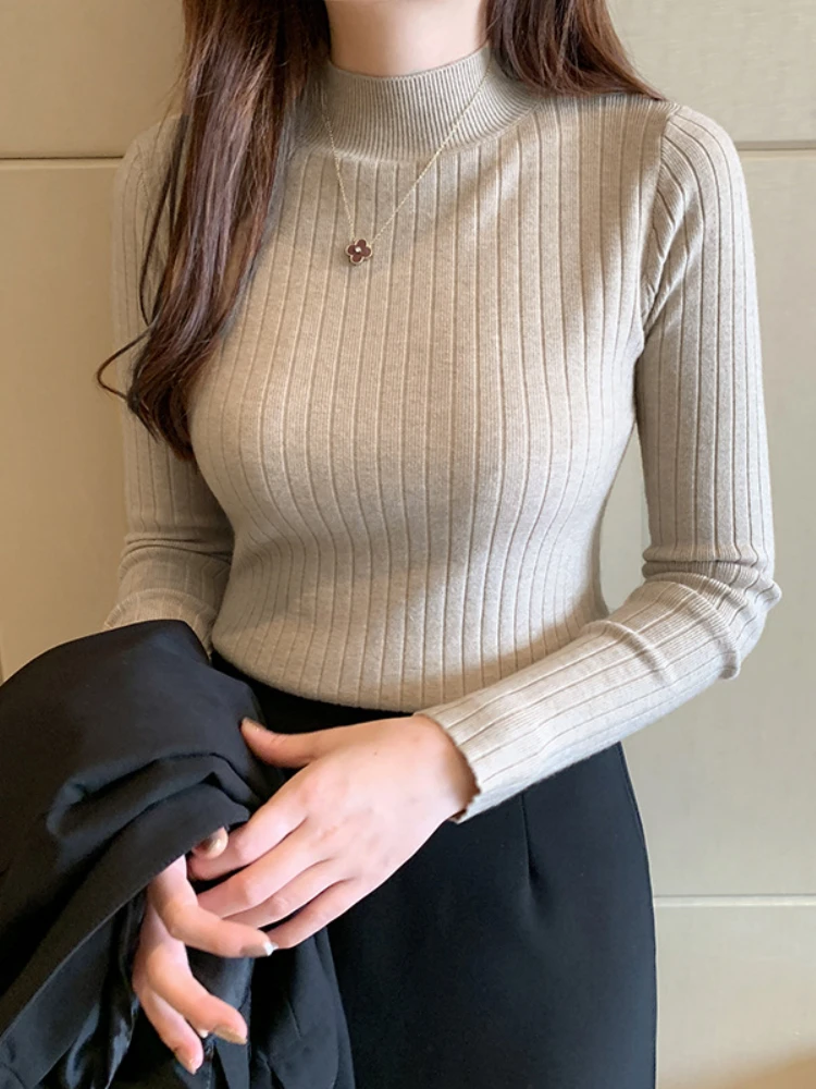 

Женский свитер, осенне-зимняя трикотажная одежда, базовая Однотонная рубашка с коротким высоким воротником, топы с длинным рукавом, пуловеры, женские трикотажные изделия