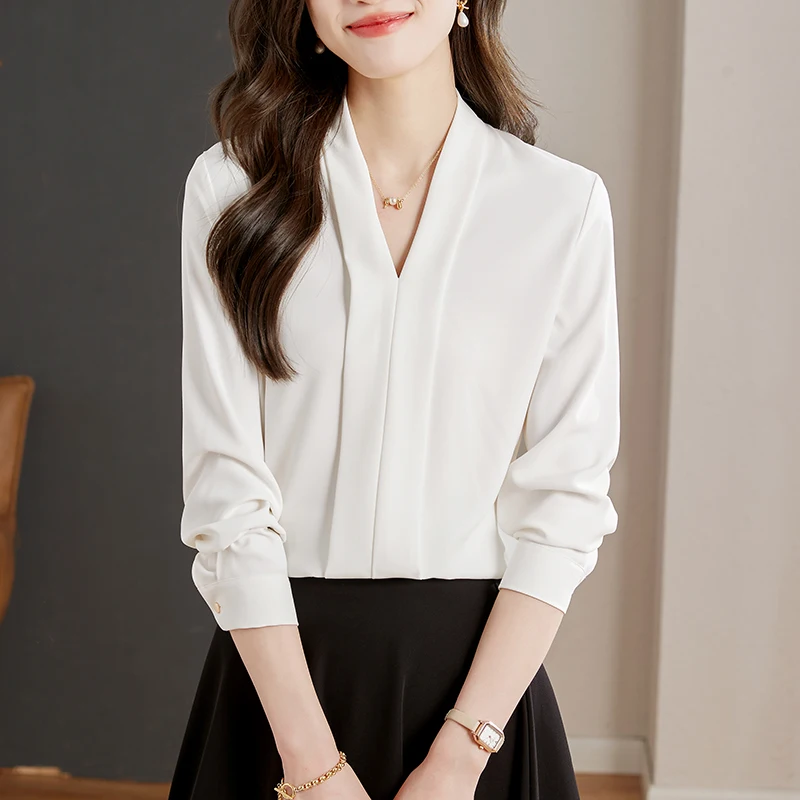 Модная женская блузка с длинным рукавом белая шифоновая v-образным вырезом