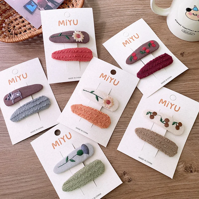 

2PCS Set Cloth Embroidered Flower Cherry Oval Snap Hair Clips For Girl Kids Cute Kawaii Fairy Exquisite Hairpin Fashion Gift