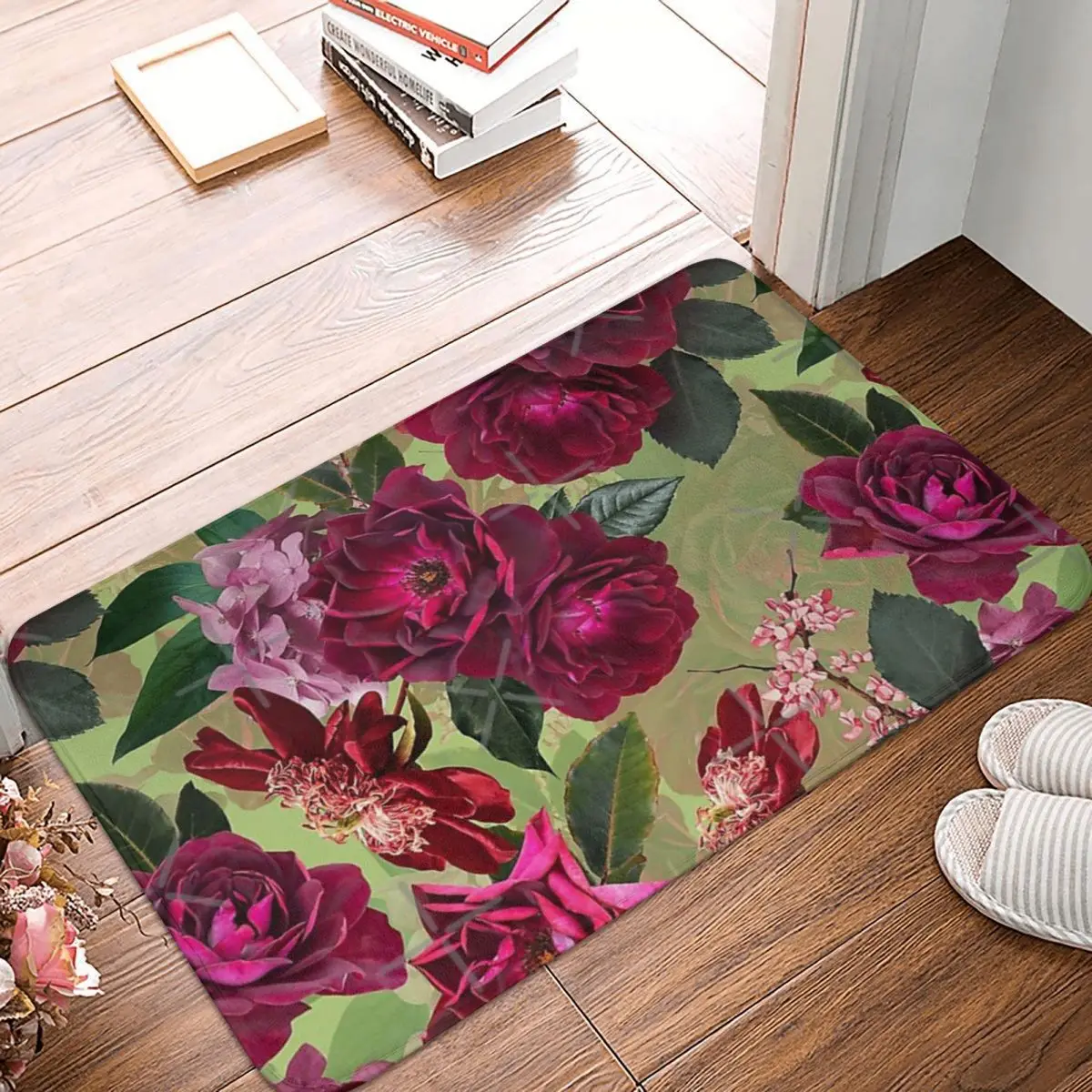 

Ковер с зелеными растительными цветами и розой, напольные коврики из полиэстера, современные коврики для гостиной, коврики на заказ