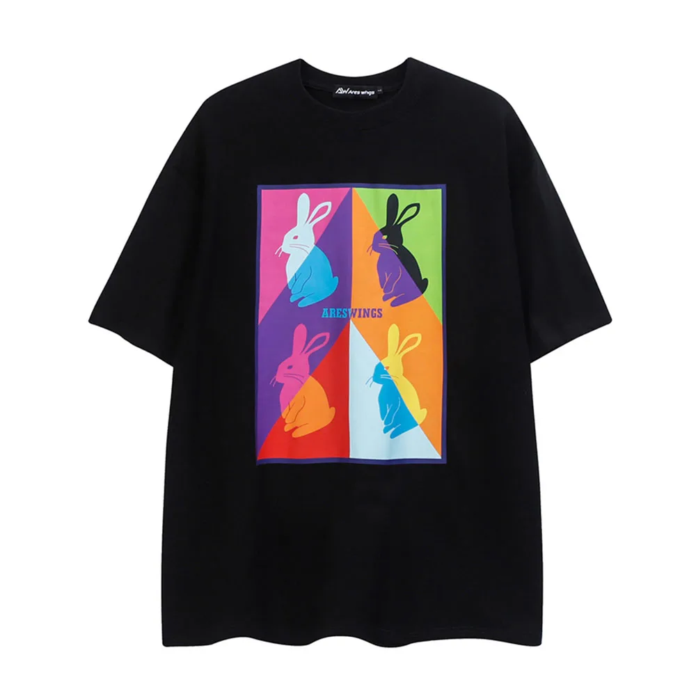 

, Темный значок Красочный Кролик Дышащая печать мужская футболка круглый вырез хлопок футболки мужская одежда черный белый