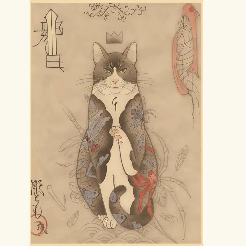 Постер в стиле ретро с изображением японской кошки самурая |