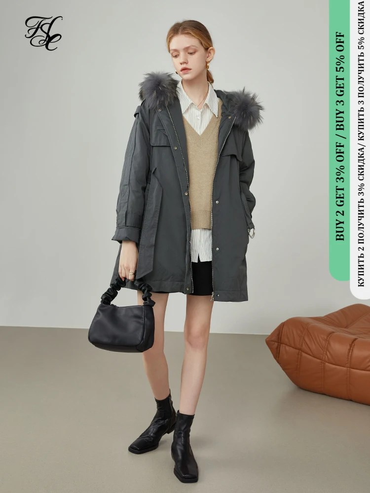 

FSLE Women Winter Hood Tooling Down Jackets Fur Collar Design Belt Dark Straight Down Coats 90 White Duck Down Mid-Length