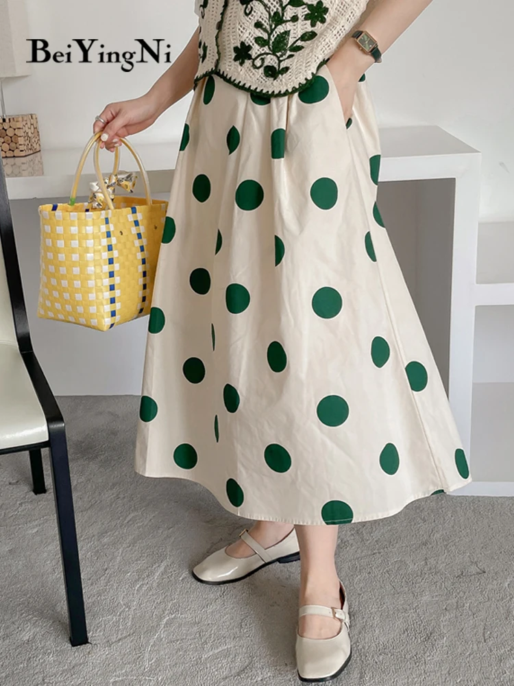 

Beiyingni 2022 Summer Casual Vintage High Waist A-line Midi Skirt Women Polka Dot Printed Korean Pockets Skirts Big Hem Faldas