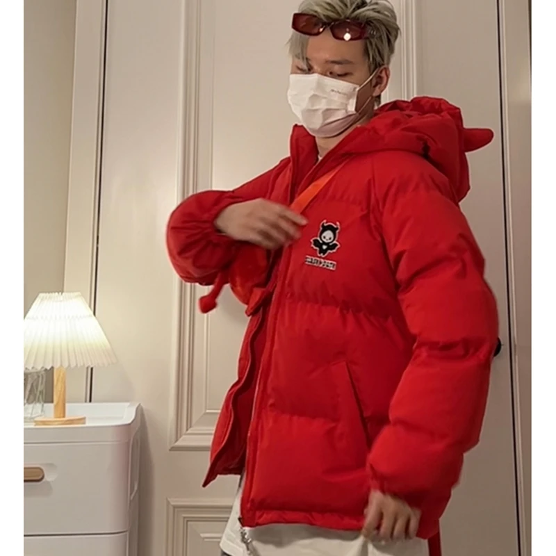 Emo Winter Men Streetwear Harajuku Korean Jackets Parkas Zipper Jacket Devil Horn Hoodie Warm Ladies Down Coats Alt Clothes