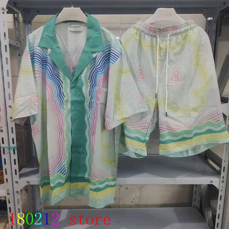 Colorful Man Portrait Rainbow Ripple Casablanca Shorts Shirt Set   Men Women Thin Fabric Hawaii Beach Holiday Short Suit