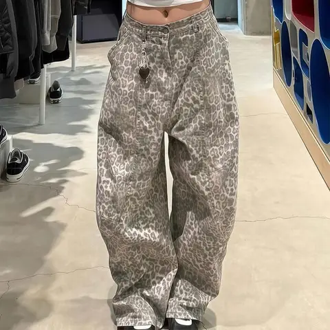 Женские рваные джинсы Y2K с леопардовым принтом