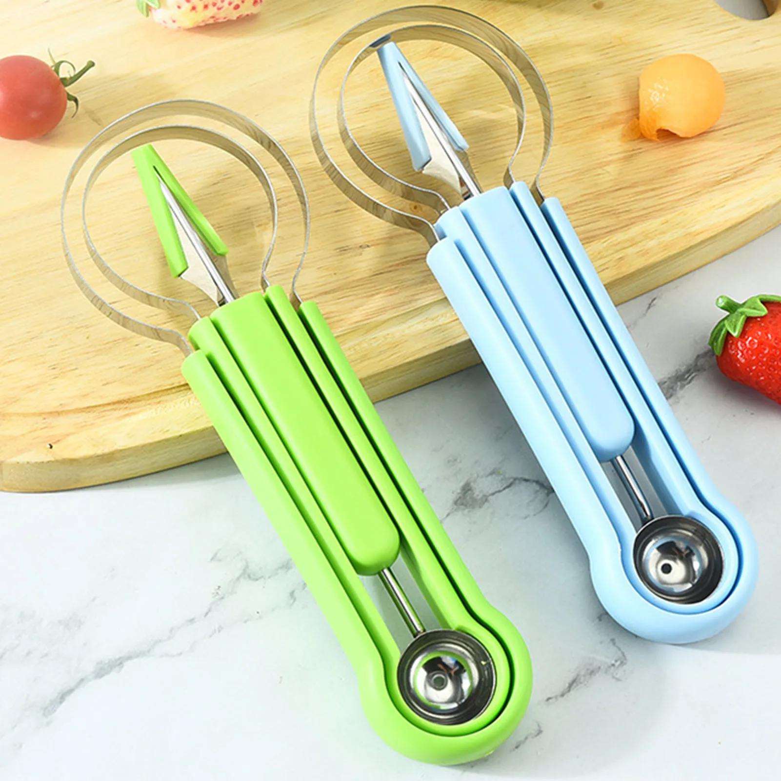 

4 In 1 Watermelon Slicer Cutter Ice Cream Scoop Fruit Carving Knife Cutter Fruit Platter Fruit Dig Pulp Separator Kitchen Gadget