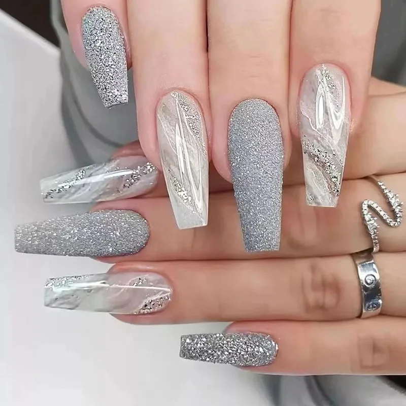 

Long Ballet False Nails Grey White Marble Press On Nails Full Cover Manicure Glitter 24pcs Fake Nails Reusable