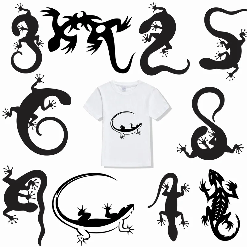

Gecko Patches For Clothes Black Lizards Heat Transfer Printing Stickers For T-Shirt Appliques Clothes Decor