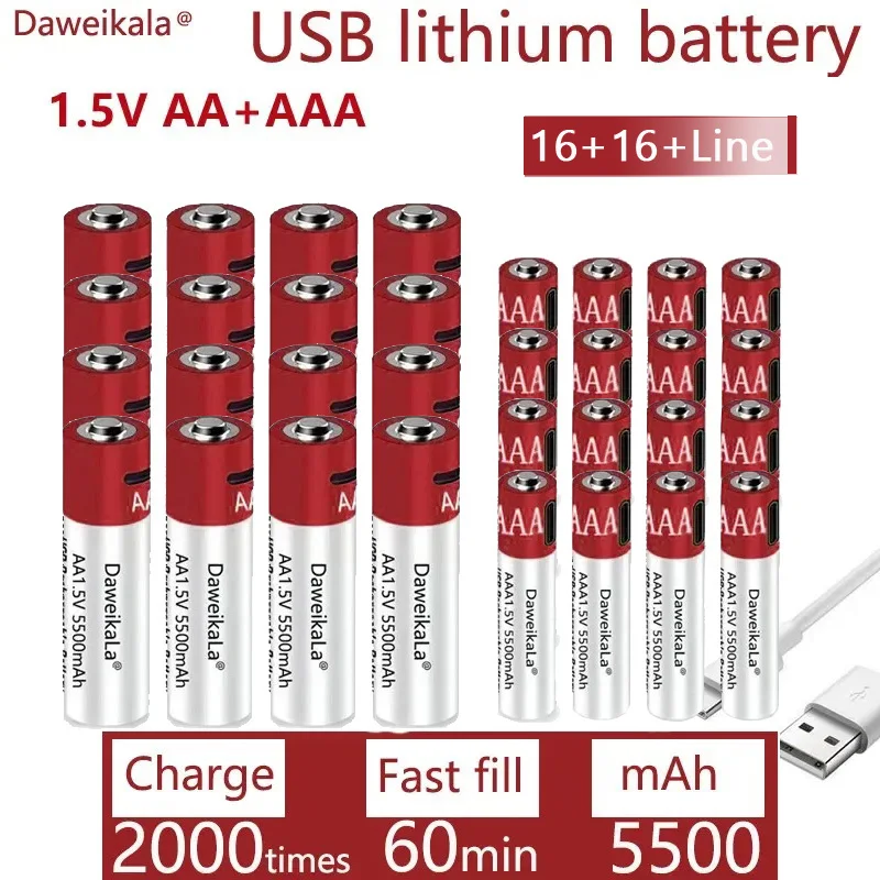 Фото Новые аккумуляторы 1,5 В AA + AAA с быстрой зарядкой через USB, перезаряжаемые, большой емкости 5500 мАч, литий-ионные, для игрушек, пультов дистанционного управления, мышей, светодиодов. №1