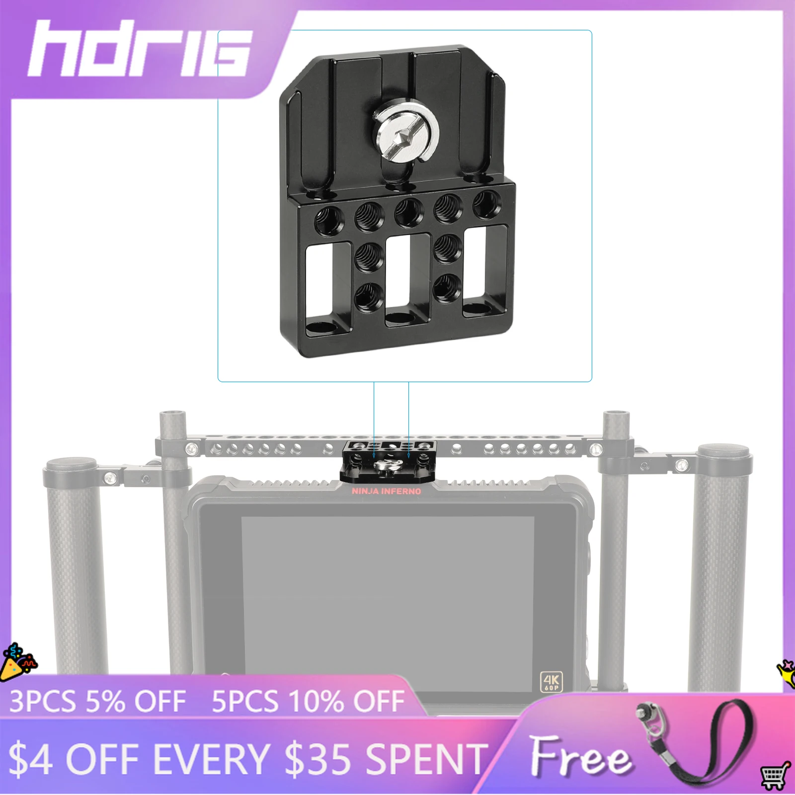 

HDRIG Top / Bottom Mounting Plate With 1/4" Mounting Stud For Director's Monitor Cage Kit (Universal Use)