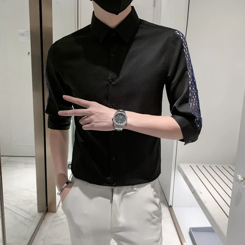 

Lace Patchwork Men Clothing Casual Three Quarter Sleeve Shirt Spring Summer New Quality Hollow Breathable Camisa Masculina M-4XL