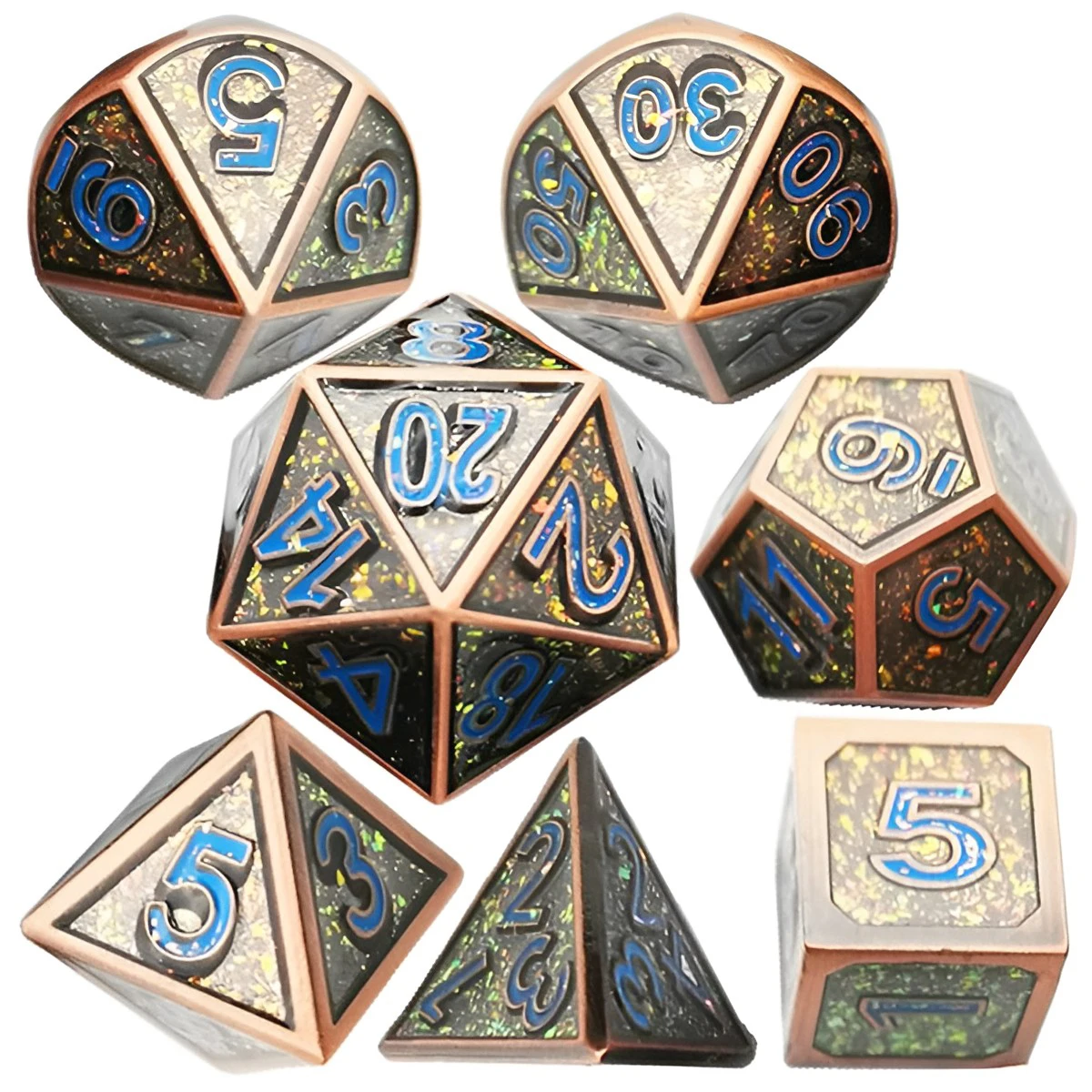 

7 Pieces Iridescent Glitter Metal Polyhedral Dice Set D4 D6 D8 D10 D12 D20 7-Die Dice Set for DND Enthusiast RPG Adventurer