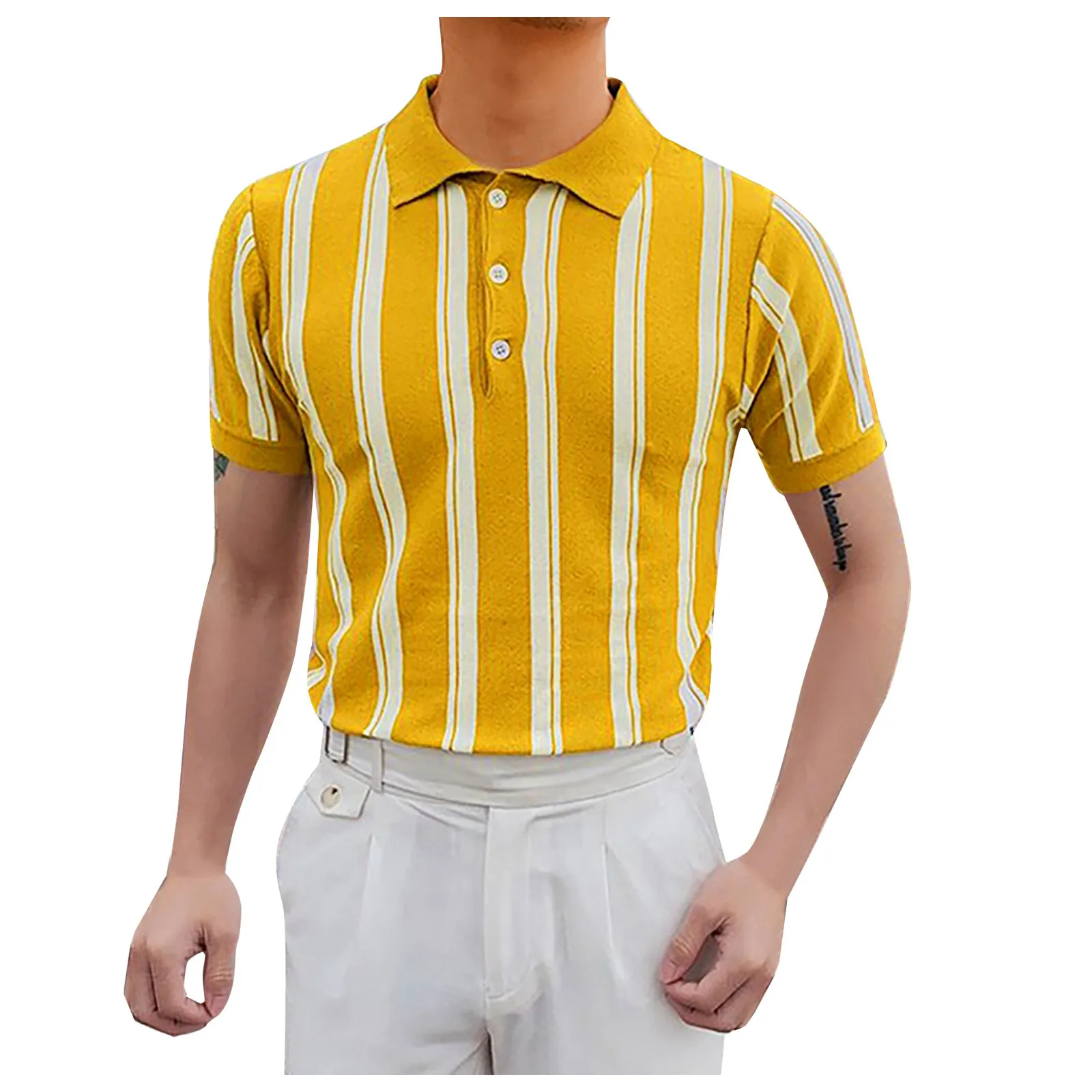 

ISHOWTIENDA Shirts for Mens Casual Slimming Fit Knit Colorblock Stitching Lapel Button Up Short Sleeve Shirts