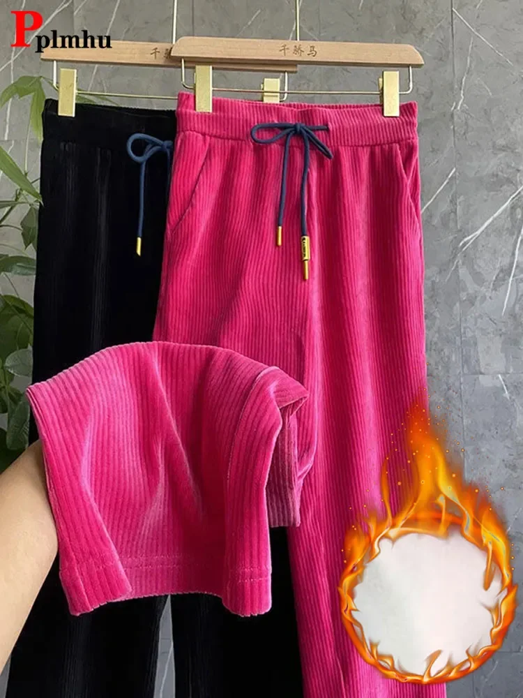 

Casual Warm Thicken Wide Leg Pants Women Winter Plus Velvet Straight Trouser Classic High Waist Pantalones Vintage Fashion Broek
