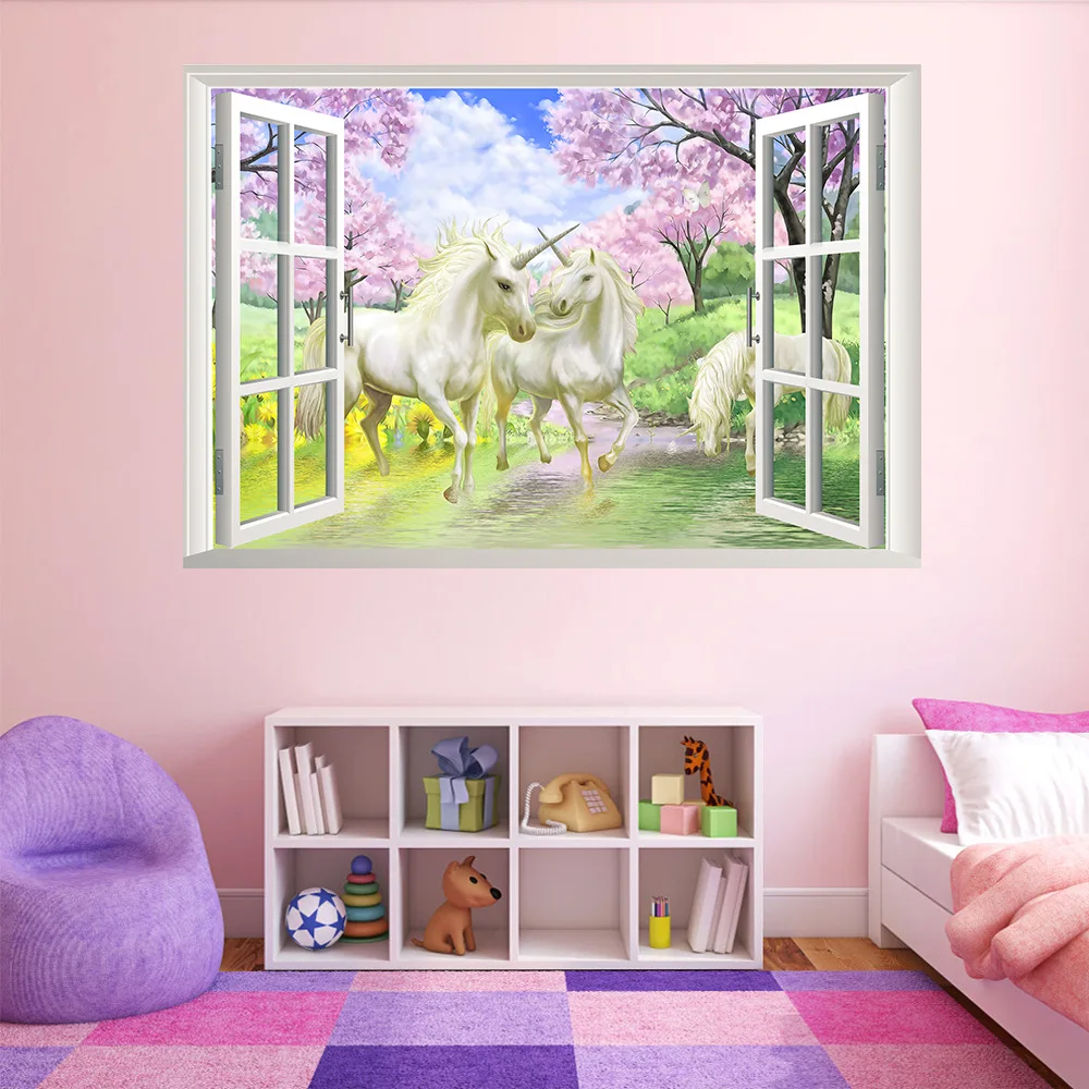 

White Unicorn 3D Wall Stickers Home Decor Living Room PVC Simulation Fake Window Wall Decal Kids Room Decoration Mural Wallpaper