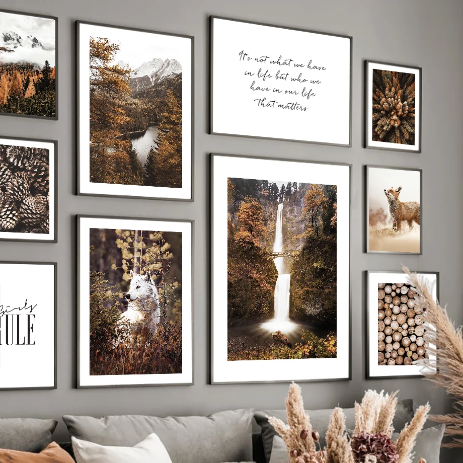 Настенная Картина на холсте осенний холст сосна лес лиса олень волк
