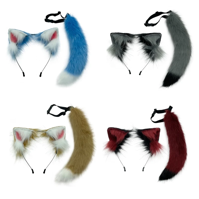 

85WB Ears Headbands Furry Animal Ears Headwear Tail Set Kitten Hair Hoop for Halloween Cosplay Headpiece Party Supplies