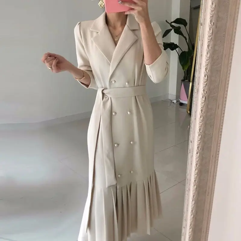 Spring Autumn French Style Suit Collar Blazer Dresses For Women 2023  Pearl Button Lace Up Waist Long Sleeve Pleated Dress Z933