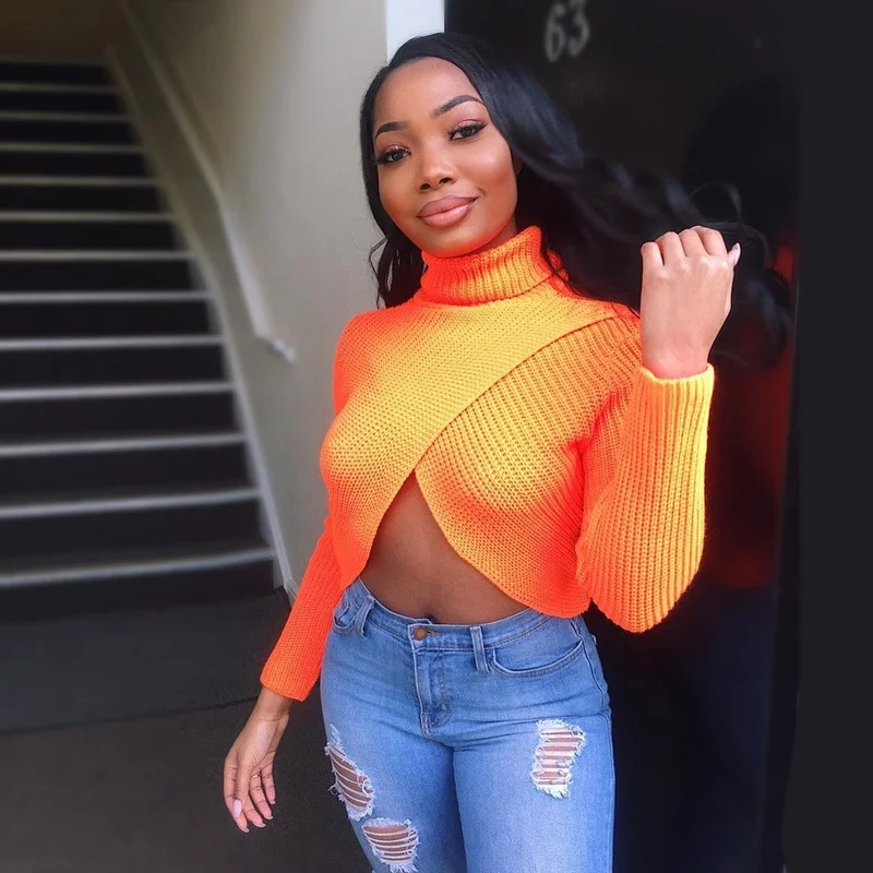 

Women's Neon Sweater Female's Turtleneck Fashion Cross Bare Midriff Autumn Winter Knitted Shirts Ladies Fluorescent Top Jumpers