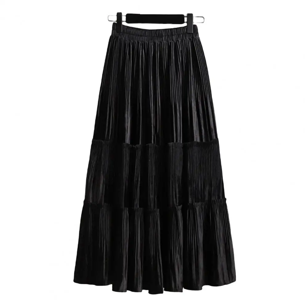 

Fashion Maxi Skirt Ankle-Length Women Skirt Solid Color Office Lady Winter Velvet Pleated Long Skirt Warm