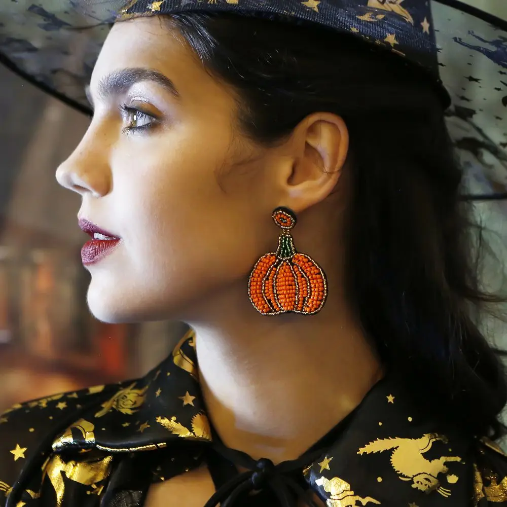 

NCEE Halloween Gothic Pumpkin Earrings Exaggerated Personality Niche Retro Earrings Bohemian Advanced Handmade Bead Earrings