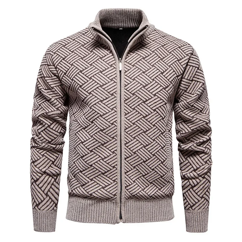 Мужской вязаный кардиган с воротником-стойкой на молнии свитер флисовой