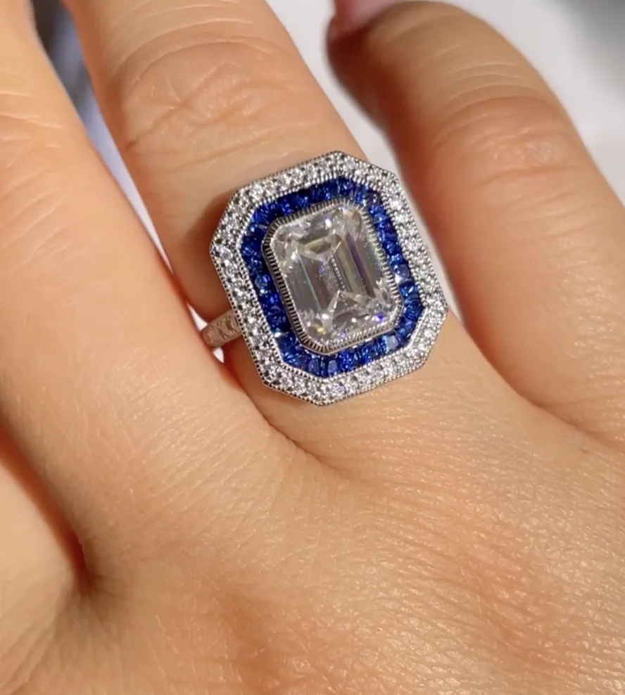 JOVOVASMILE Emerald Cut 3carat Moissanite Rings 0.95ct Lab Royal Blue Sapphire 585 Au750 Classic 9k Gold Rings For Women Jewelry