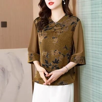 2022 chinese traditional blouse female vintage flower print blouse daily loose top satin shirt oriental tang suit chinese blouse